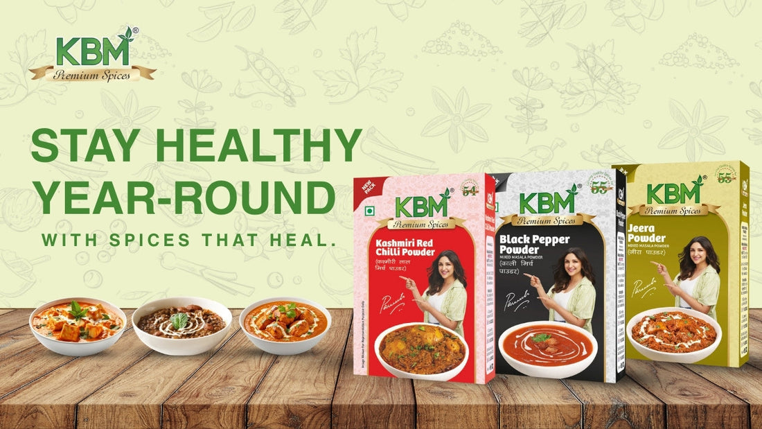 KBM masala spice packs with bowls of dishes and text Stay Healthy Year-Round – Spices That Heal.