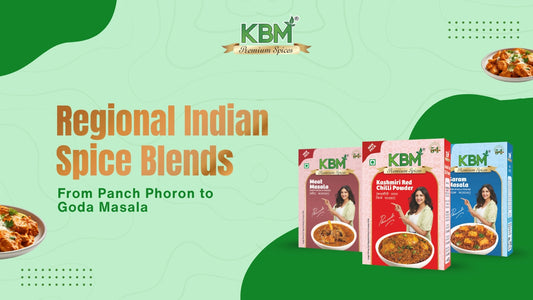 KBM Premium Spices showcasing regional Indian spice blends with packs of Meat Masala, Kashmiri Red Chilli Powder, and Garam Masala.